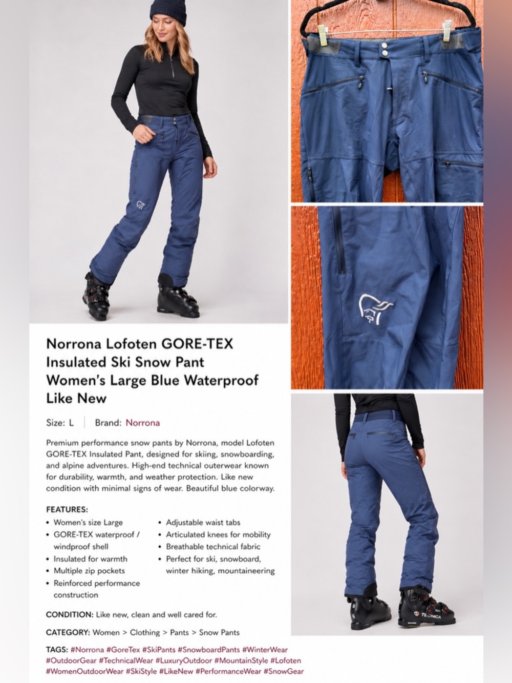 Norrona Lofoten GORE-TEX Insulated Ski Snow Pant Women’s Large Blue Waterproof